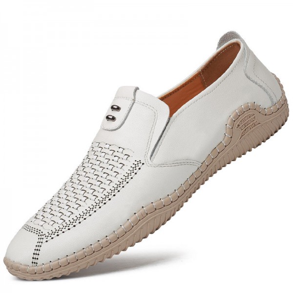 Men Microfiber Hollow Out Breathable Hand Stitching Soft Bottom Slip On Casual Shoes 